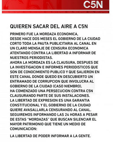 Photo of Comunicado del Grupo Indalo: «Quieren sacar del aire a C5N»